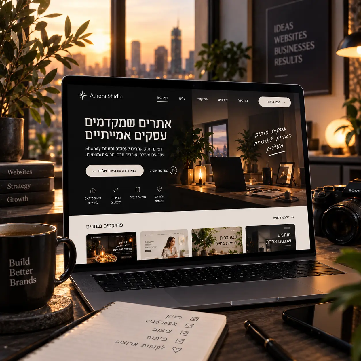 שולחן העבודה של הסטודיו: מסך שמציג את אתר Aurora Studio