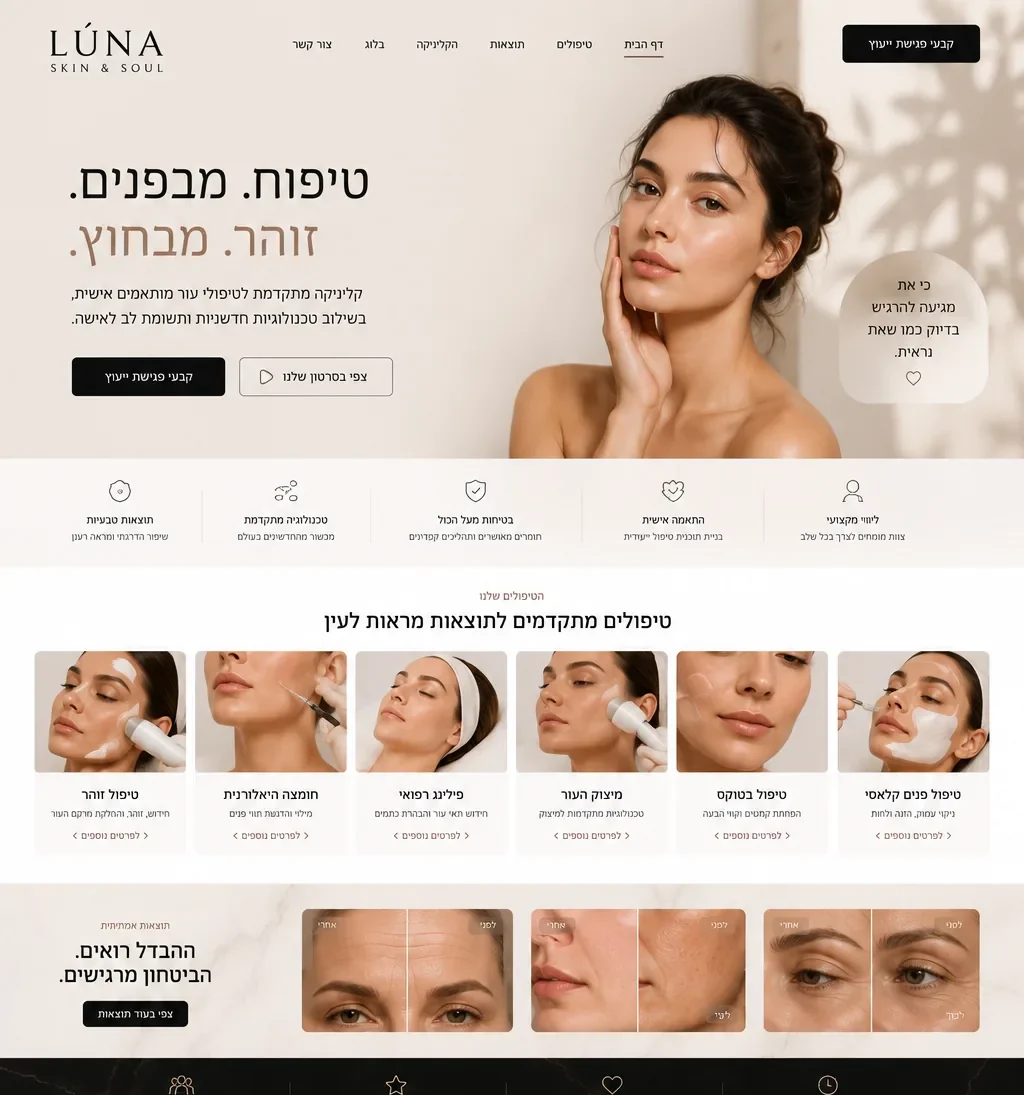 דוגמה אתר לקליניקת אסתטיקה: טיפולים, תמונות לפני ואחרי וקביעת פגישת ייעוץ